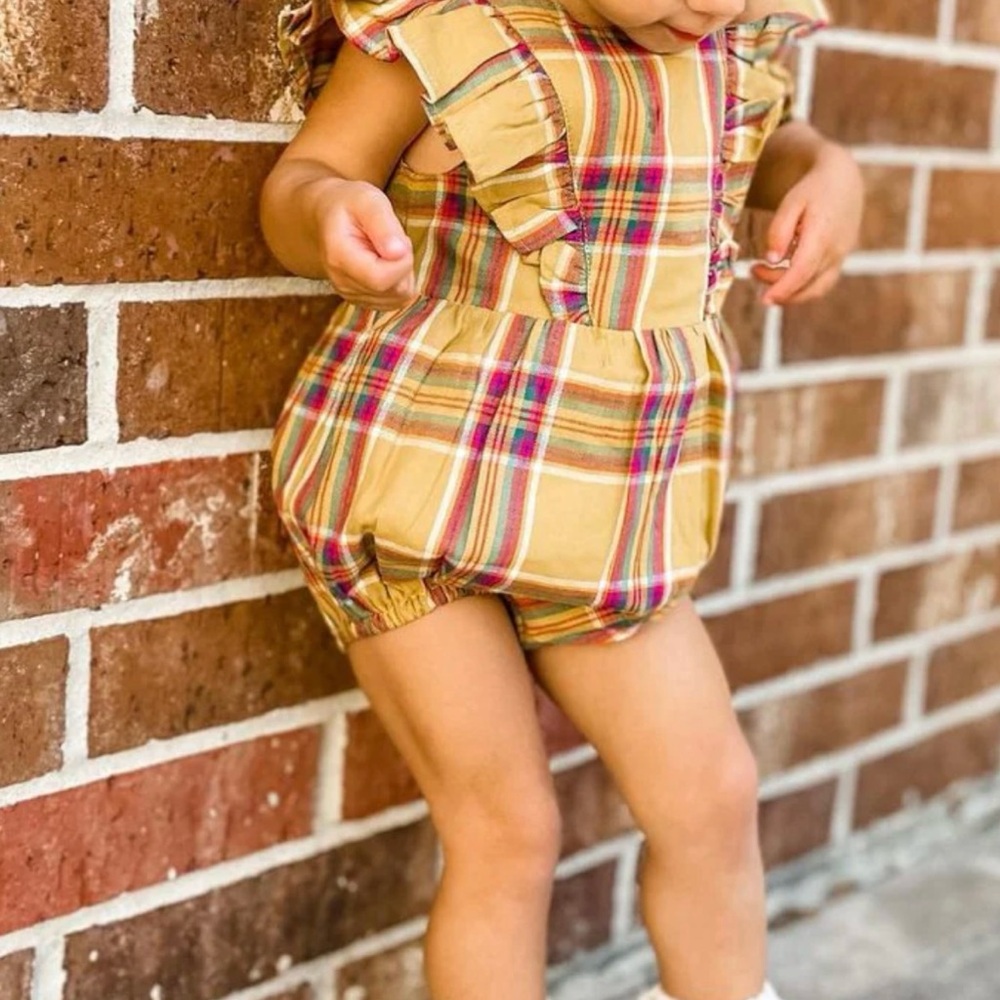 Smocked Sweets Fall Plaid Bubble Romper Yellow 12 Month Preppy Classic Neutral
